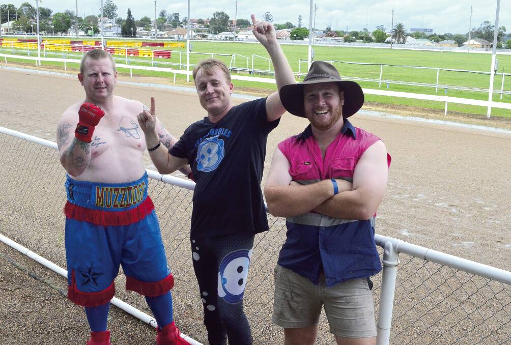 ACTION: Suplex Professional Wrestling's Matt "Muzzdogg" Musgrove, Daniel "Bubbles" Zysek and Beau "The Tradie Thomas Taylor" Thomas are pumped for their bout at Cessnock Show on Friday night. Picture: Krystal Sellars
