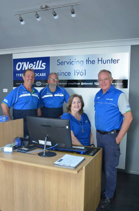 FRIENDLY FACES: O'Neills Tyres Cessnock staff Mark Guenthroth, Neville Foster, Gail Hipwell and Mark O'Neill.