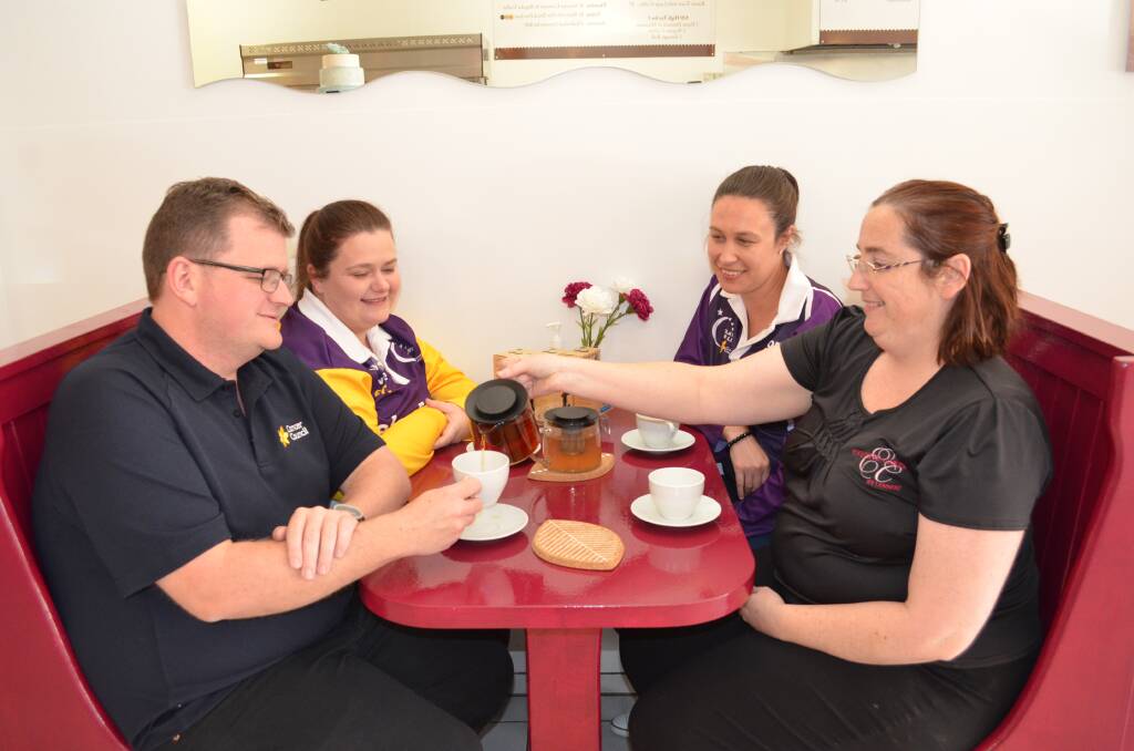 WARM UP: Cancer Council community relations coordinator Clint Ekert, Cessnock Relay For Life co-chairs Stephanie Ekert and Marlie Caban and Exquisite Cakes by Lennert owner Rienna De Visser trying some of the tea that will be on offer at the tea tasting party on August 6.