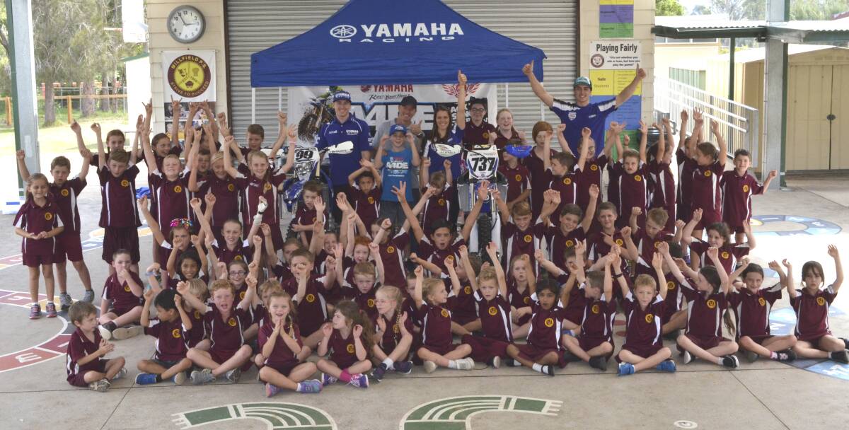 COMMUNITY: Yamaha riders Josh Green, Jessica Gardiner and Jeremy Carpentier visited Millfield Public School last month for the announcement that the school would host a control point for the enduro.