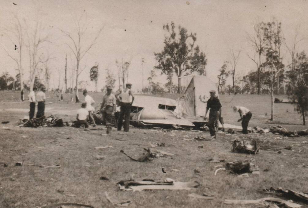 SCATTERED: The wreckage of the RAAF Avro-Anson A4-35 which crashed near Kurri Kurri on January 10, 1940. Picture: Cessnock City Library Local Studies Collection