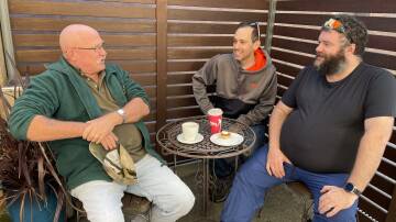 COFFEE AND A CHAT: Cessnock Defence and Emergency Services Shed members Rod Wicks, Mike Collaros and Kyle Boddan at their weekly catch-up at Grice's Bakery.