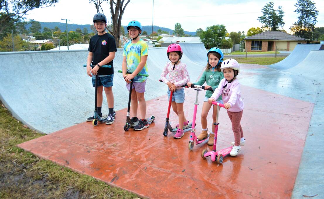 READY TO SHRED: Beau, Will and Matilda Heffernan, and Meila and Willow Bice at the new Millfield skate park. Picture: Krystal Sellars