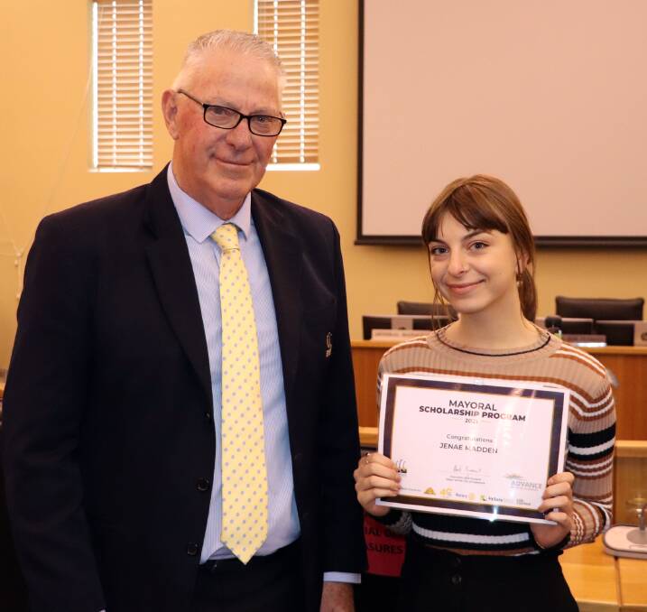 OPPORTUNITIES: 2021 Mayoral Scholarship recipient Jenae Madden (pictured with former Cessnock mayor Bob Pynsent at the presentation) says the scholarship allowed her to focus on work experience in the media.