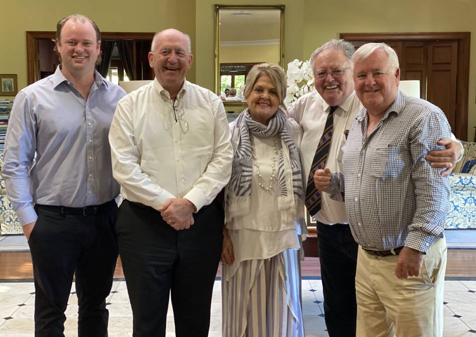 HERE TO HELP: Chris Tyrrell, BizRebuild chairman and former Governor-General Peter Cosgrove, Fay McGuigan, Brian McGuigan and Stewart Ewan in the Hunter Valley on Friday.