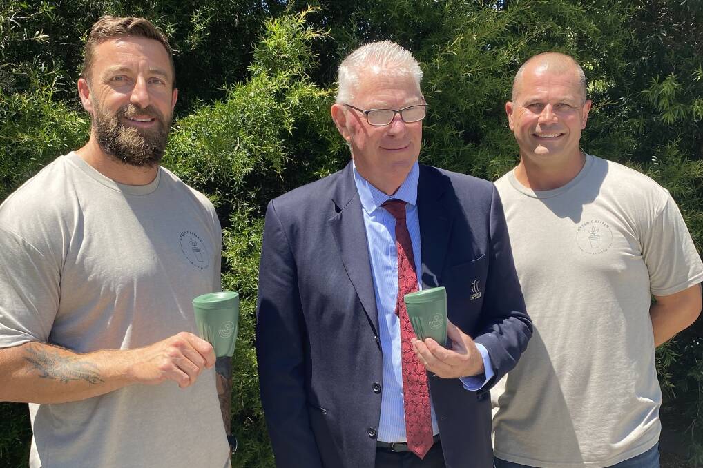ECO-FRIENDLY COFFEE: Cessnock mayor and Hunter JO chair Bob Pynsent with Green Caffeen co-founders Martin Brooks and Damien Clarke.