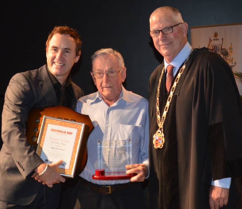 Senior citizen of the year Ted Jackson, with Australia Day ambassador Damien Leith and Cessnock mayor Bob Pynsent at the 2020 Australia Day ceremony at Cessnock Performing Arts Centre. Picture: Krystal Sellars