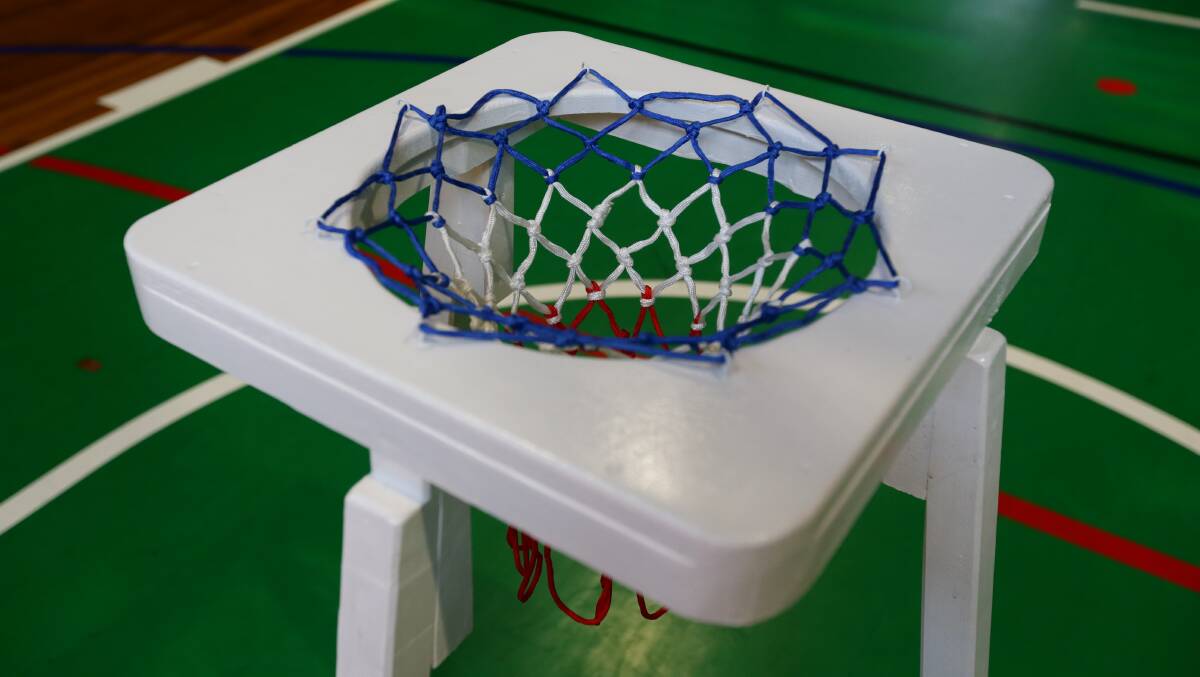 MODIFIED: The walking basketball hoop, which was made by Cessnock Men's Shed and stands 107cm high. Picture: Jonathan Carroll