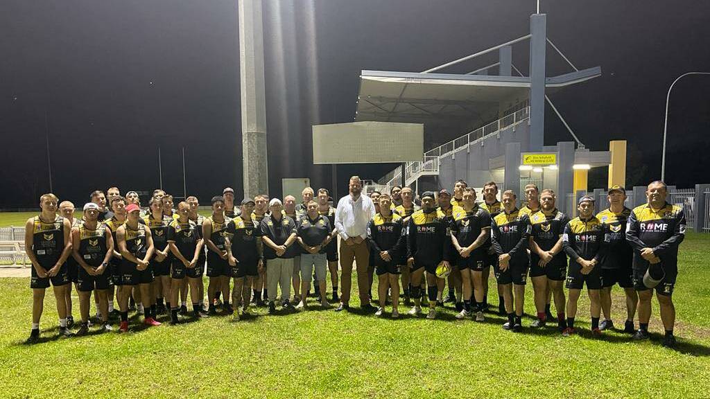 FUNDING PLEDGE: Labor candidate for Hunter, Dan Repacholi with Goannas players and officials at Cessnock Sportsground last Wednesday.
