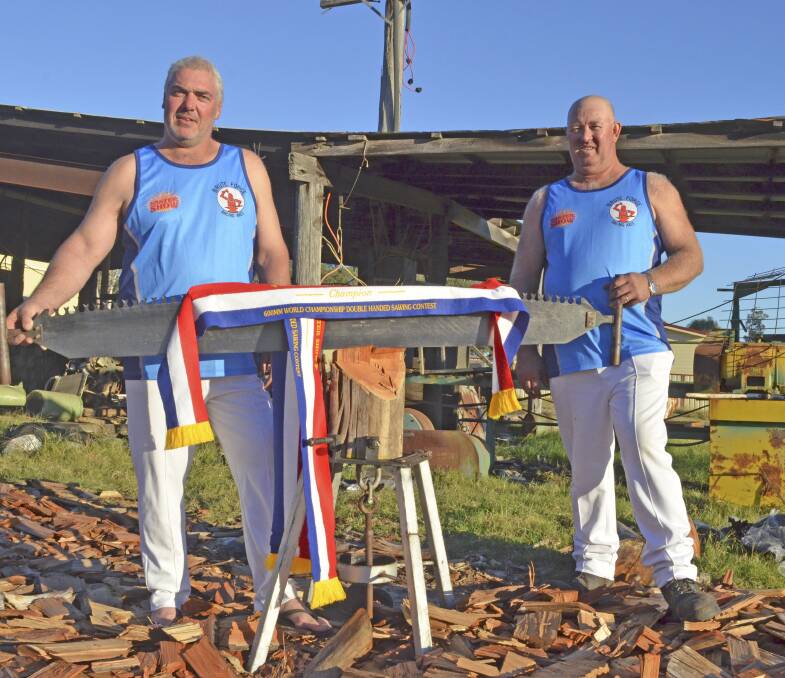 CHAMPIONS: Local woodchoppers Justin Beckett and Noel Marsh teamed up to win a world title at Sydney Royal Easter Show. Picture: Krystal Sellars
