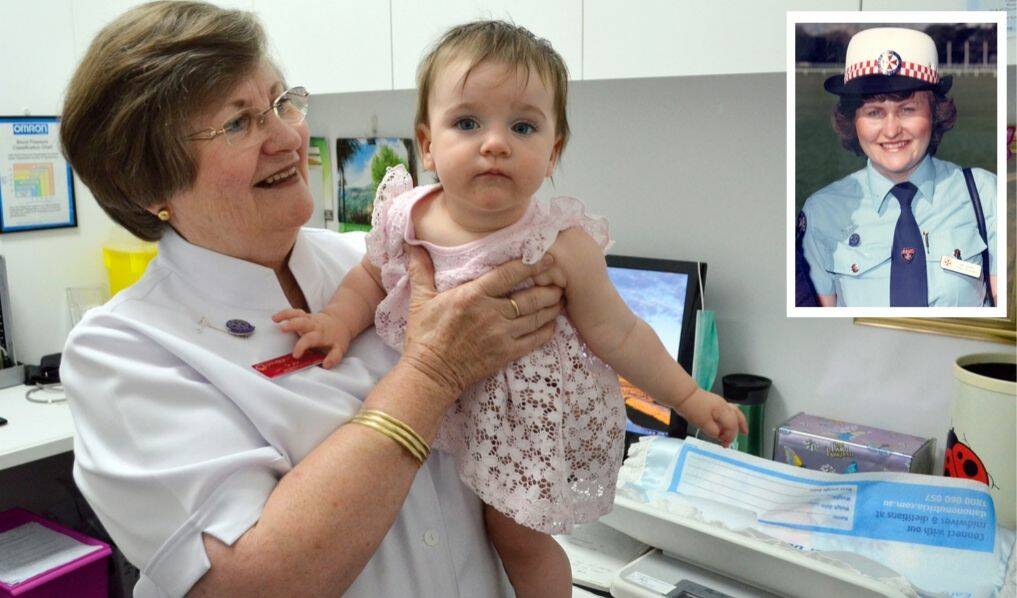 CARING: Sister Jan Quinell-Hughes with Willow Le Fevre at the Priceline Pharmacy Cessnock baby clinic, and inset, in her days with the NSW Ambulance Service.