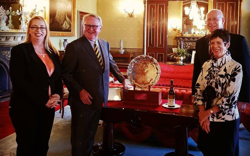 HISTORIC CONNECTION: Manda Duffy (NSW Wine Industry Association), Bruce Tyrrell, Governor of NSW, David Hurley and Mrs Linda Hurley at the presentation of the 2017 NSW Wine Awards best in show trophy.