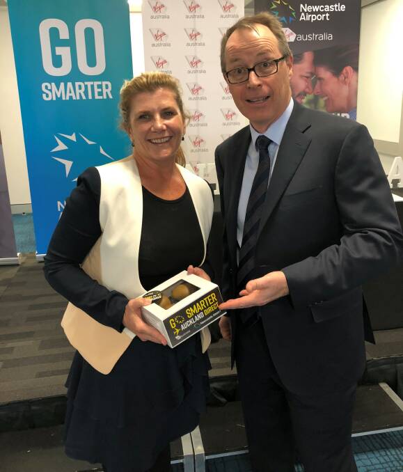 EXCITING NEWS: Hunter Valley Wine and Tourism Association general manager Jo Thomas and Newcastle Airport CEO Peter Cock at last Wednesday's announcement about the Newcastle-Auckland route.