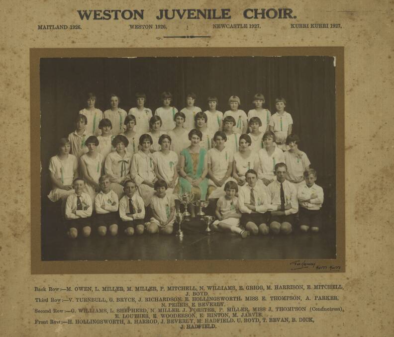EXTRAORDINARY: The Weston Juvenile Choir was a force to be reckoned with in the 1920s. Pictured is (back row) M. Owen, L.Miller, M. Miller, P. Mitchell, N. Williams, E. Grigg, M. Harrison, E. Mitchell, J. Boyd; (third row) V. Turnbull, G. Bryce, J. Richardson, E. Hollingsworth, Miss E. Thompson, A. Parker, N. Perris, E. Beverly; (second row), G. Williams, L. Shepherd, N. Miller, J. Forster, P. Miller, Miss J. Thompson (conductress), E. Louther, E. Wooderson, E. Hinton, M. Jarvie; (front row), H. Hollingsworth, A. Harrod, J. Beverly, M. Hadfield, U. Boyd, T. Bevan, B. Dick, J. Hadfield. Picture: Cessnock City Library, Local Studies Collection 