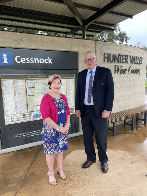 WELCOMING: Retiring Cessnock mayor Bob Pynsent and his wife Kathy at the Kearsley information bay, one of the projects which received substantial grant funding.