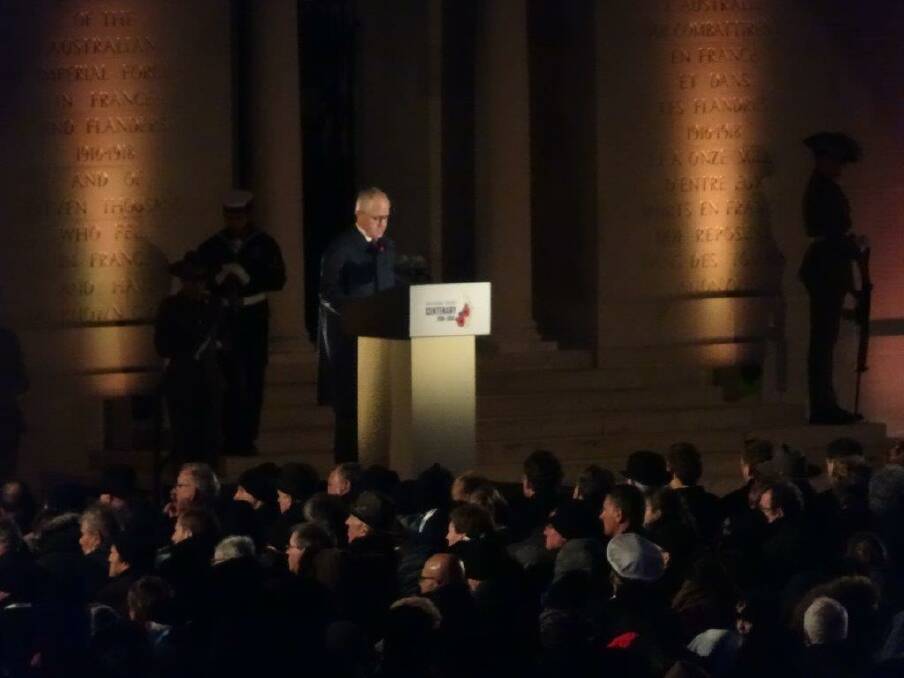 LUMINARIES: Prime Minister Malcolm Turnbull addresses the Anzac Day dawn ceremony at the Australian National Memorial, near Villers-Bretonneux in France. Picture: Barry Wiseman