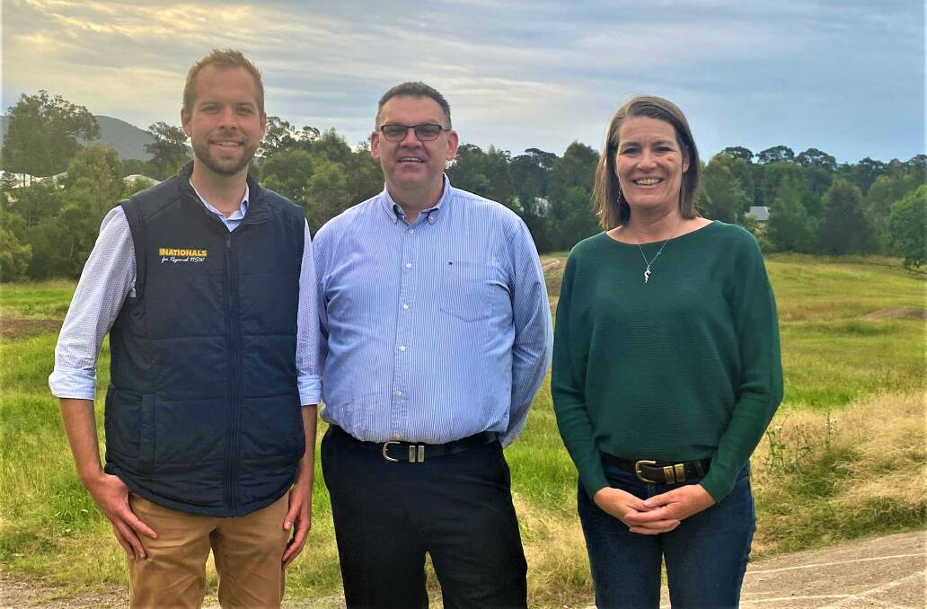 FUNDING BOOST: Nationals candidate for Hunter James Thomson, Cessnock City Councillor Paul Dunn and NSW Nationals Senator Perin Davey at Carmichael Park, Bellbird.