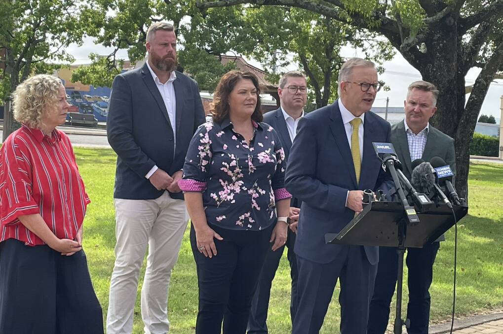 ANNOUNCEMENT: Federal Labor leader Anthony Albanese (at the microphone) with (from left) Newcastle MP Sharon Claydon, Hunter candidate Dan Repacholi, Paterson MP Meryl Swanson, Shortland MP Pat Conroy and shadow minister for climate change and energy Chris Bowen at Kurri Kurri on Tuesday.