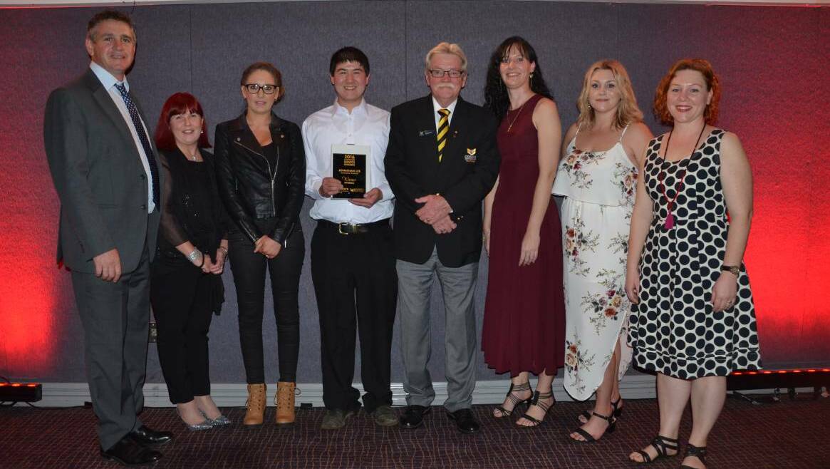 2016: Category winners Shayne Herring and Julie Kay, Fiona Bright, Jonathan Lee, Cessnock Leagues Club CEO Bruce Wilson, Kate Archer, Kieran Mackenzie and Emmie Hallett at the 2016 Cessnock Customer Service Awards. Picture: Sage Swinton