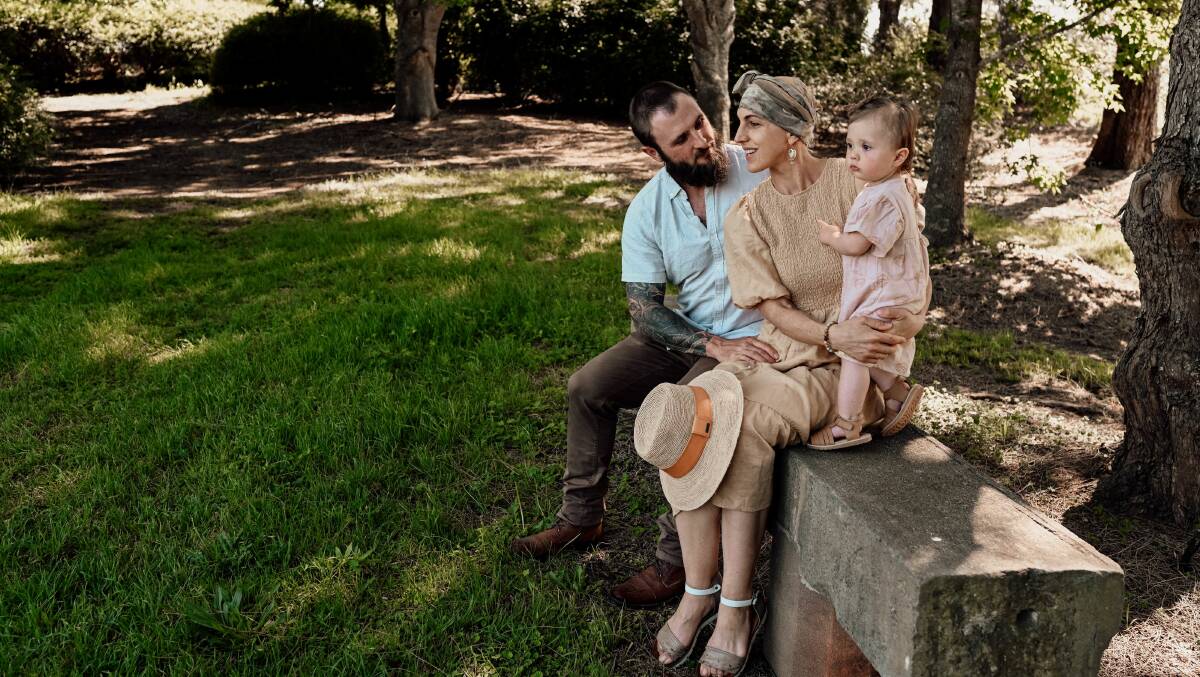 EMOTIONAL TIME: Clint and Eleisha Connors and their daughter Wren, pictured after Eleisha, 36, was diagnosed with lymphoma. Picture: Anna Critchley Stylist