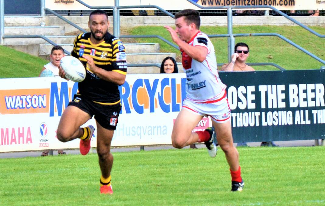 IMPRESSIVE: Tyronne Roberts-Davis (left) was named man-of-the-match in the Cessnock Goannas' win over South Newcastle on Saturday. Picture: Krystal Sellars
