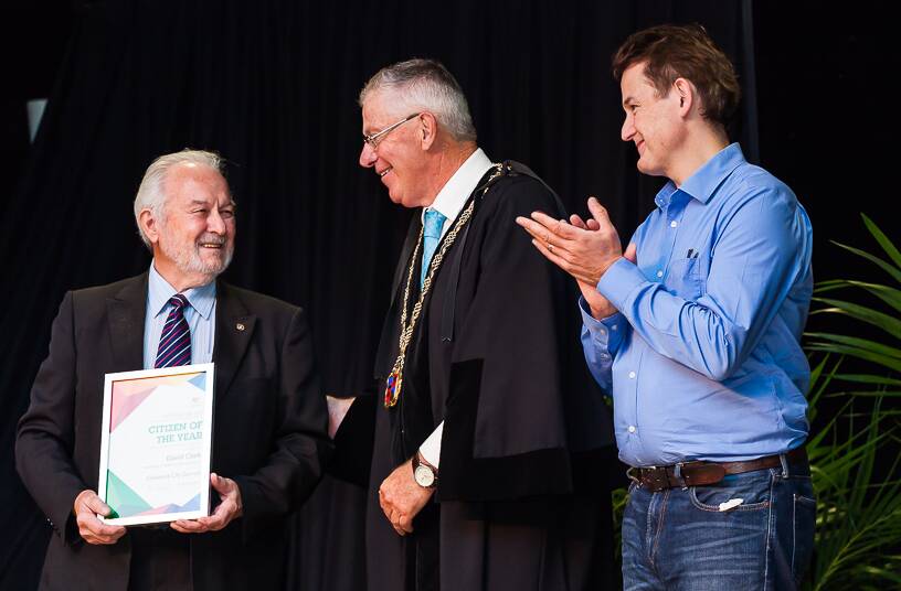 OUTSTANDING CITIZEN: David Clark with Cessnock mayor Bob Pynsent and Australia Day ambassador Jon Dee at Cessnock's Australia Day ceremony in 2016.
