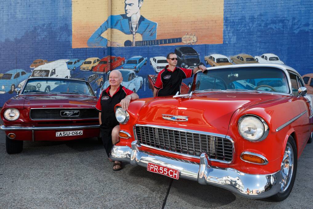 SHINE: Gary Haigh and Andrew Scane from All Shook Up Car Club with two cars that will be on show at the 2018 Kurri Kurri Nostalgia Festival. Picture: Max Mason-Hubers