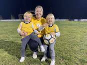 MILESTONE: Fiona Scanlon, with her sons Oliver and Patrick, at her 300th game for the Cessnock Hornets Women last Friday night. Picture: Amanda Hafey