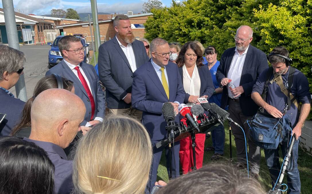 CARE PLEDGE: Labor leader Anthony Albanese (pictured with Shortland MP Pat Conroy, Hunter candidate Dan Repacholi and Paterson MP Meryl Swanson) addresses the media outside Cessnock Hospital on Thursday morning. Picture: Krystal Sellars