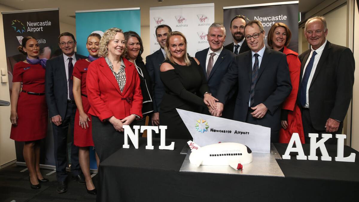 INTERNATIONAL GATEWAY: Dignitaries gather for the announcement of the Newcastle-to-Auckland route at Newcastle Airport on July 18. Picture: Marina Neil