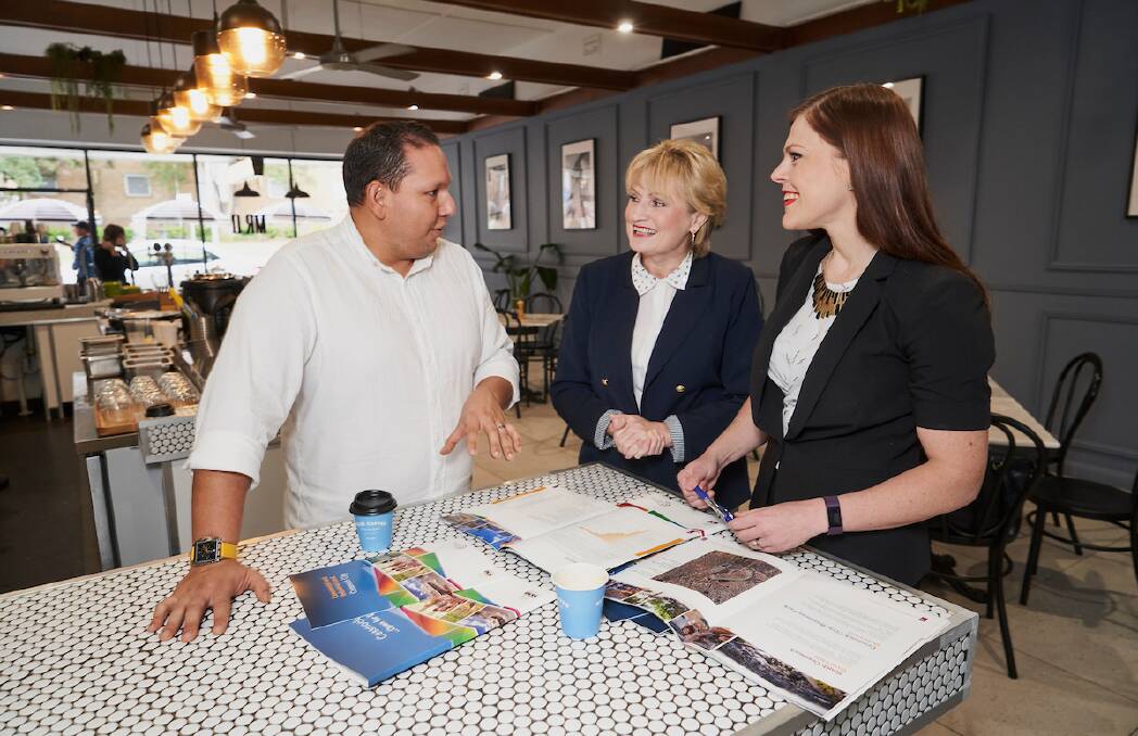 UNDERSTANDING: Gerard Morillo from Mr O Kitchen Espresso Grocer talks business with Jane Holdsworth and Rhiannon Stevens from Cessnock City Council's economic development team.