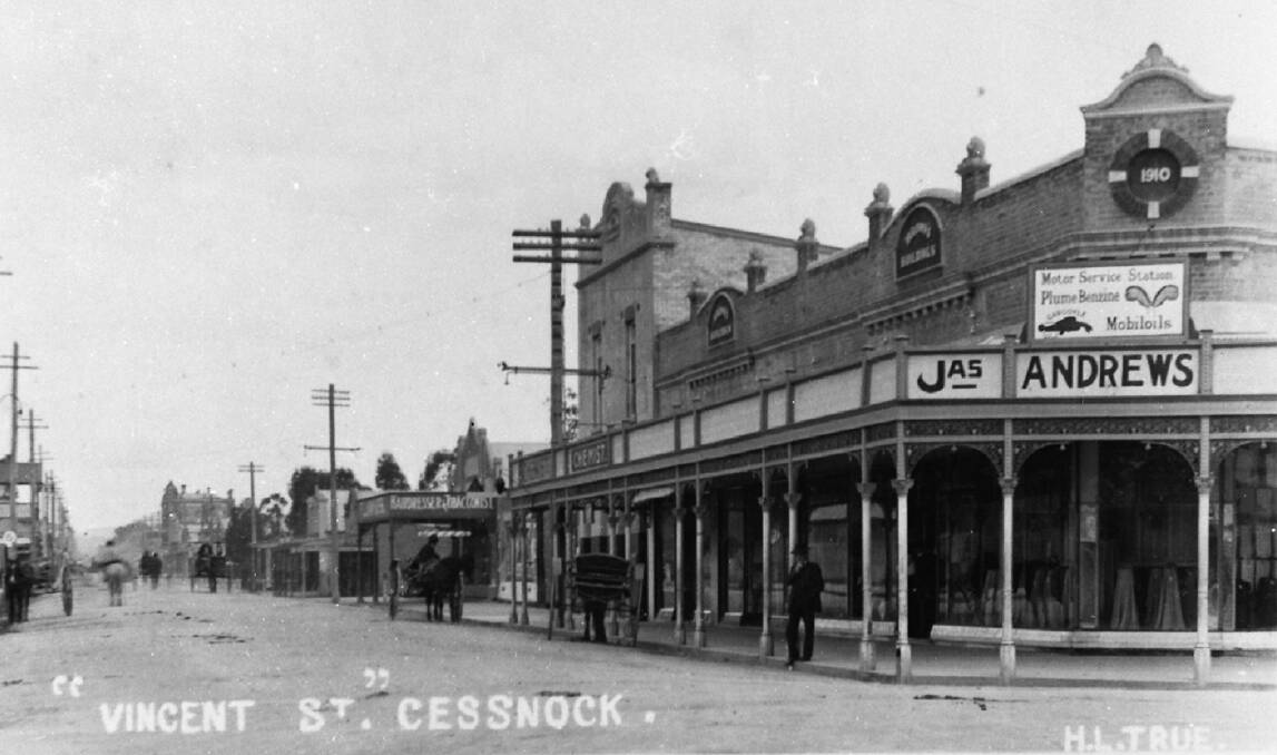 James Andrews' store on the corner of Vincent Street and Wollombi Road. The buildings are now long gone and the site is home to a small park.