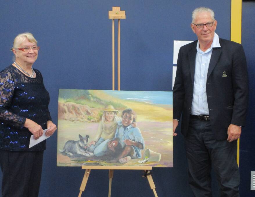 SHOCKED: Town of Murals Art Show major prize winner Susanne Gorring with her work 'Our Ozzie Kids', and Cessnock mayor Bob Pynsent. Picture: Sharon Dyson-Smith