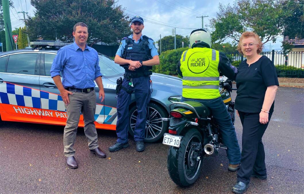 SAFETY CAMPAIGN: Cessnock mayor Jay Suvaal, Highway Patrol officer Senior Constable Aaron Dennis, Bill Ingall from the Ulysses Club as 'Joe Rider', and council's road safety officer Alison Shelton.