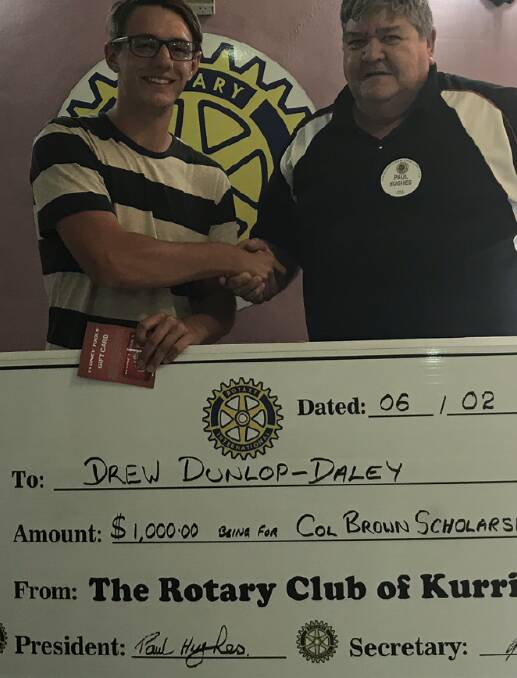 Drew Dunlop-Daley was one of the inaugural Col Brown Memorial Scholarship recipients. He is pictured with Kurri Kurri Rotary Club president Paul Hughes.