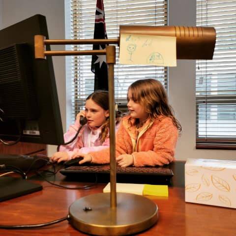 NEW DIGS: Dan Repacholi's daughters Zoe and Asha check out their dad's office in Parliament House. Picture: Dan Repacholi MP (Facebook)