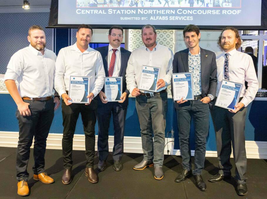 Mitch Binns (Alfabs), Josh Dee (Alfabs), Huw Griffiths (Laing O'Rourke), Jason Torrance (Alfabs), Michael Chernyavsky (Aurecon) and Garth Fenwick (Alfabs) at the national Steel Excellence Awards on November 22.