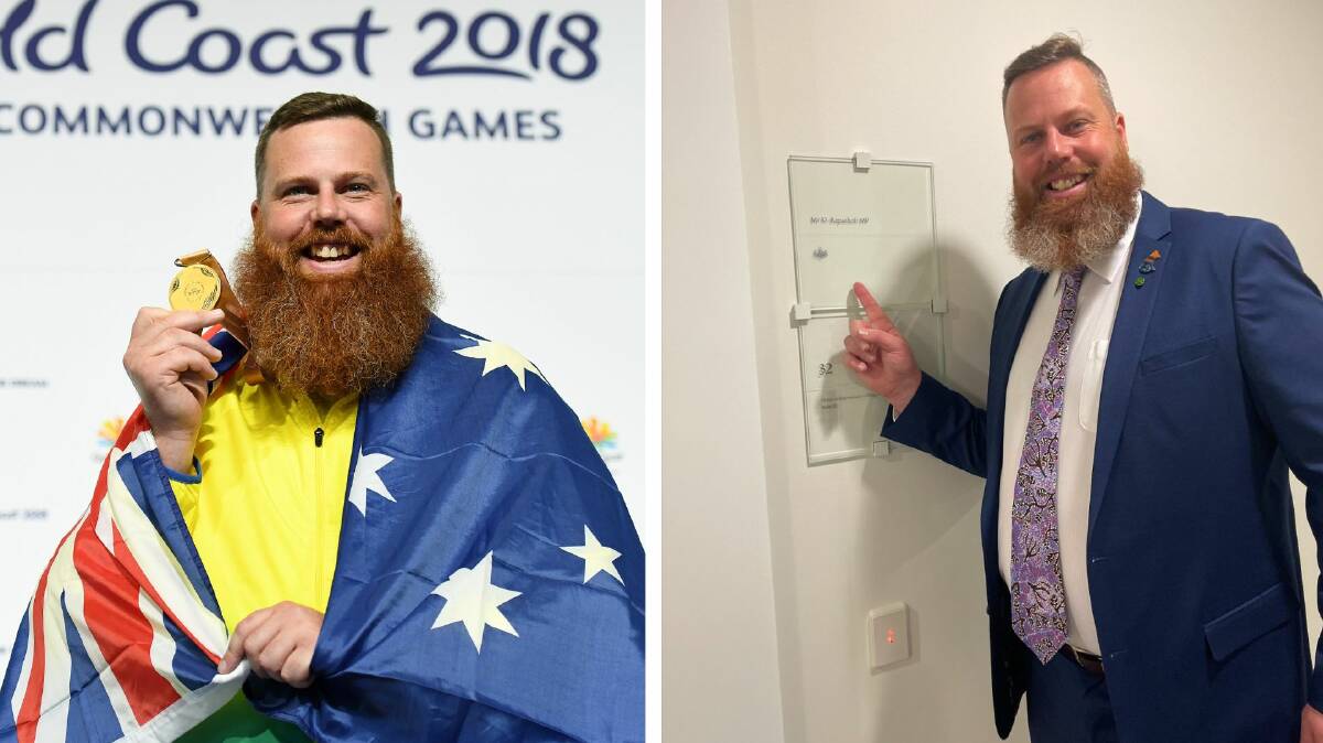 CHANGE OF SCENERY: Left, Dan Repacholi after winning gold at the 2018 Commonwealth Games, and at right, checking out his new office at Parliament House this week.