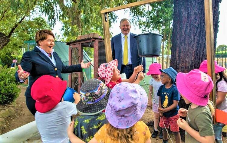 Member for Paterson Meryl Swanson and opposition leader Anthony Albanese visited Kurri Kurri Preschool on Tuesday. Picture: supplied