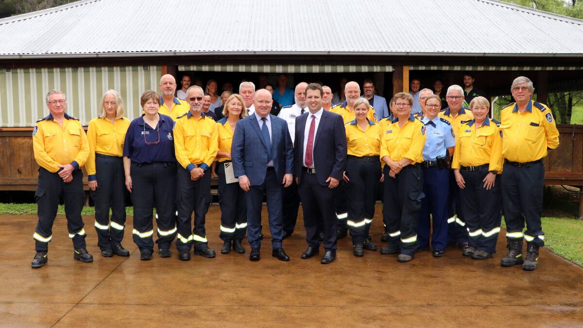 ACKNOWLEDGEMENT: Resilience NSW Commissioner Shane Fitzsimmons and Cessnock mayor Jay Suvaal with local Rural Fire Service volunteers at the morning tea and grant announcement ceremony at Laguna on Thursday. Picture: Cessnock City Council