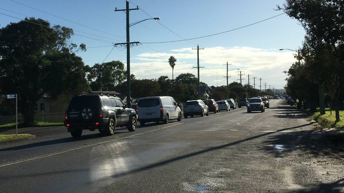 GRIDLOCK: Traffic banked up to the intersection of Desmond Street and Wollombi Road in April this year.