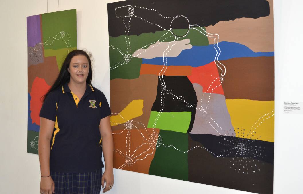 PROUD: Cessnock High School student Gemma Passfield with her work that is part of the 2017 HSC exhibition at Cessnock Regional Art Gallery. Picture: Krystal Sellars