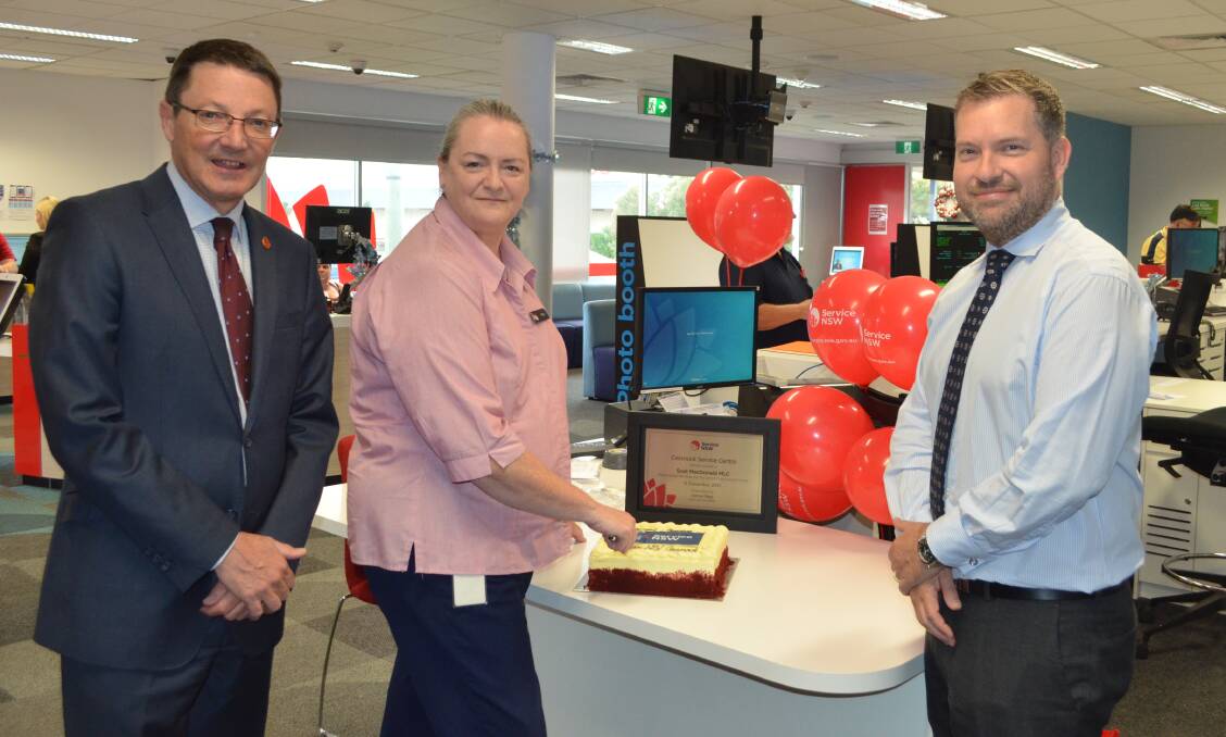 ONE-STOP SHOP: Parliamentary Secretary for the Hunter Scot MacDonald with Cessnock Service Centre manager Tricia Nichols and Service NSW CEO Damon Rees at the celebration on Wednesday.