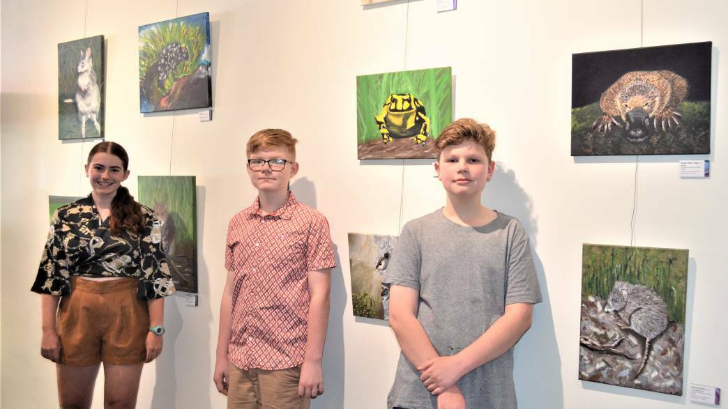 EXHIBITION: Casscar Creative Arts Studio students Lily Stothard, Isaac Maloney and Patrick Burston with some of the works featured in the exhibition at Cessnock Library.
