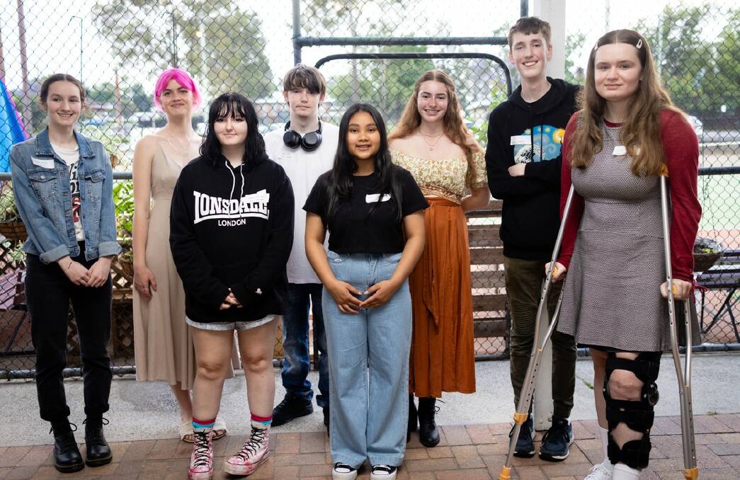 TALENT: Student artists Samantha Leslie, Jada-Lee Stevenson, Chloe Stanton, Ryan Lewis, Noone Khairam, Lily Stothard, Ethan Butcher and Tahlia Watson at the opening night of Cessnock Contemporary. The exhibition runs at Kiosk @ The Tennis Club until Sunday, December 12. Picture: Isobel Markus-Dunworth