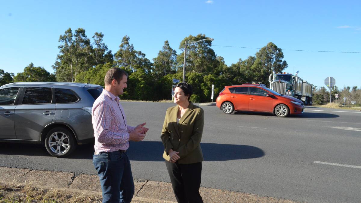 BUSY SPOT: Cessnock MP Clayton Barr and shadow roads minister Jodi McKay at the Hart Road-Gingers Lane crossroad at Weston on Thursday afternoon. Picture: Krystal Sellars