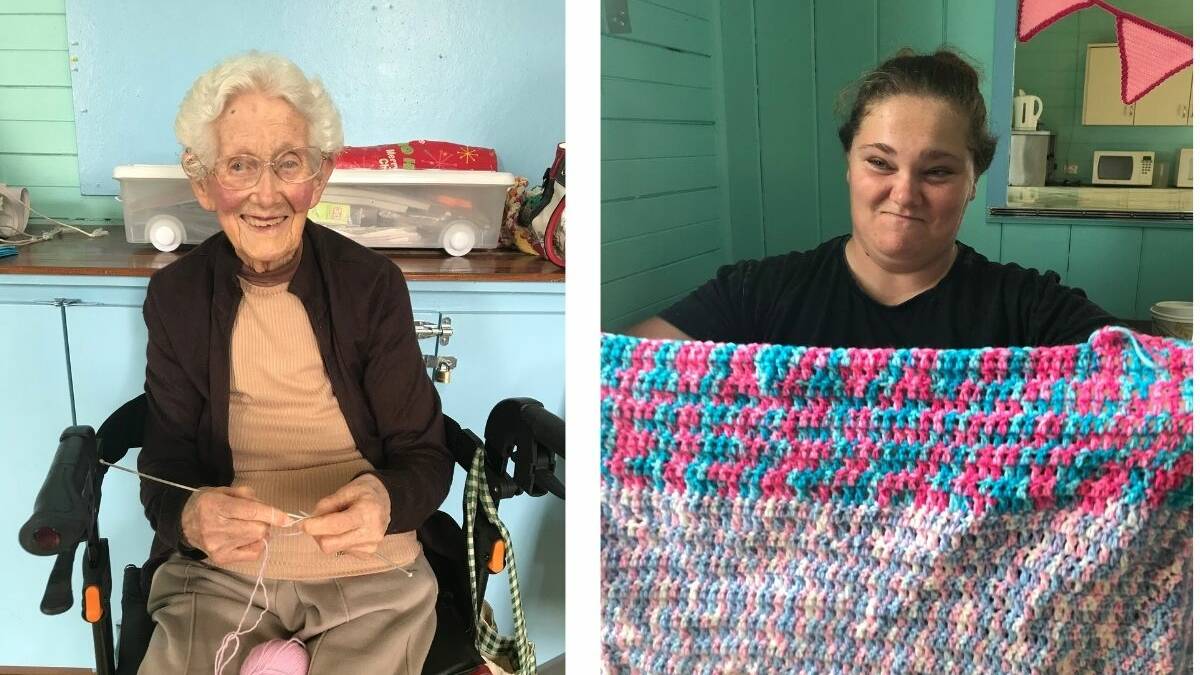 CONNECTION: Left, the Women's Shed Branxton's oldest member, Elaine Rose, and at right, Maxene Moore with her practice of crochet rows.