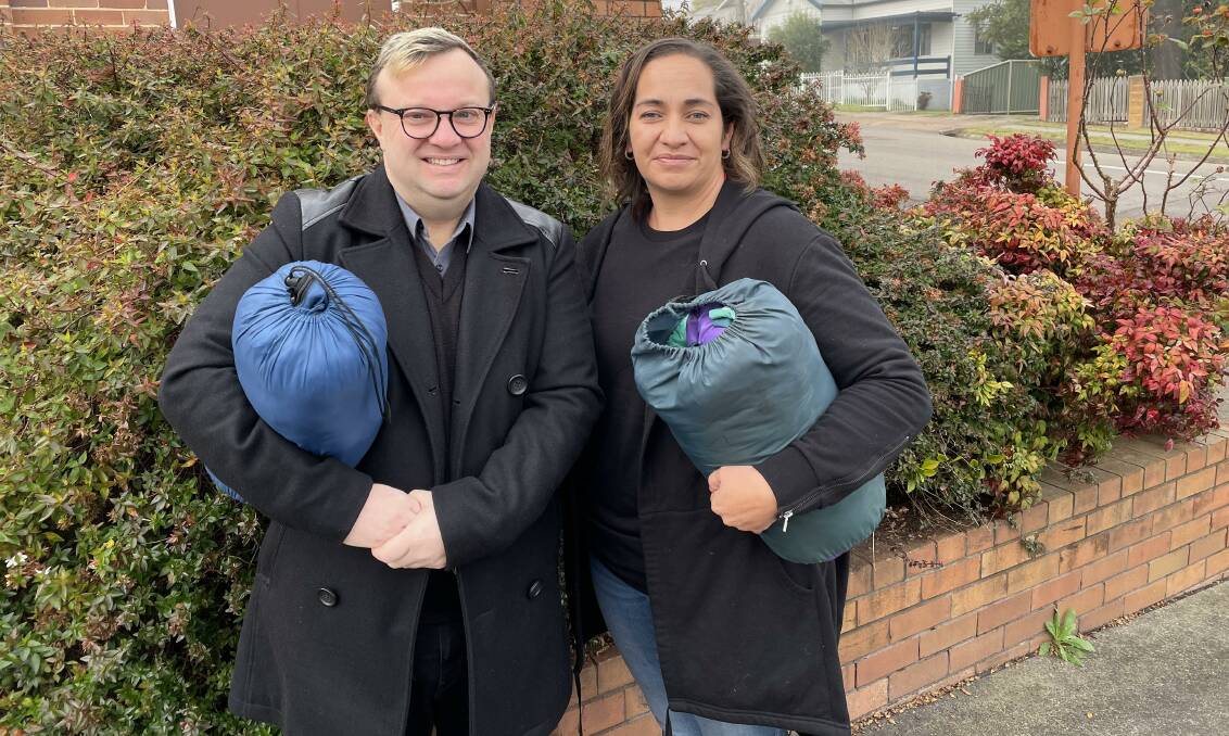 GIVING BACK: Sleepout organiser Luke Bozic-Curran with Georgina Grine from Hunter Food Relief Centre. The sleepout will be held at Baddeley Park on September 3.