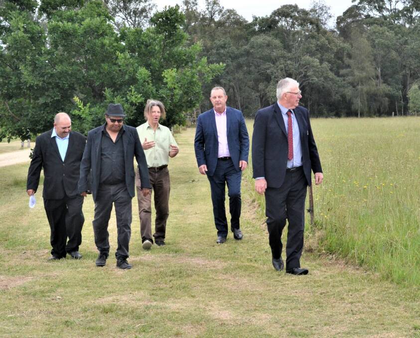 VISION: Wonnarua Nation Aboriginal Corporation chair Lee Hinton and CEO Laurie Perry, Dr Jerry Schwartz, Upper Hunter MP Michael Johnsen and Cessnock mayor Bob Pynsent at the site of the proposed cultural centre at Lovedale.