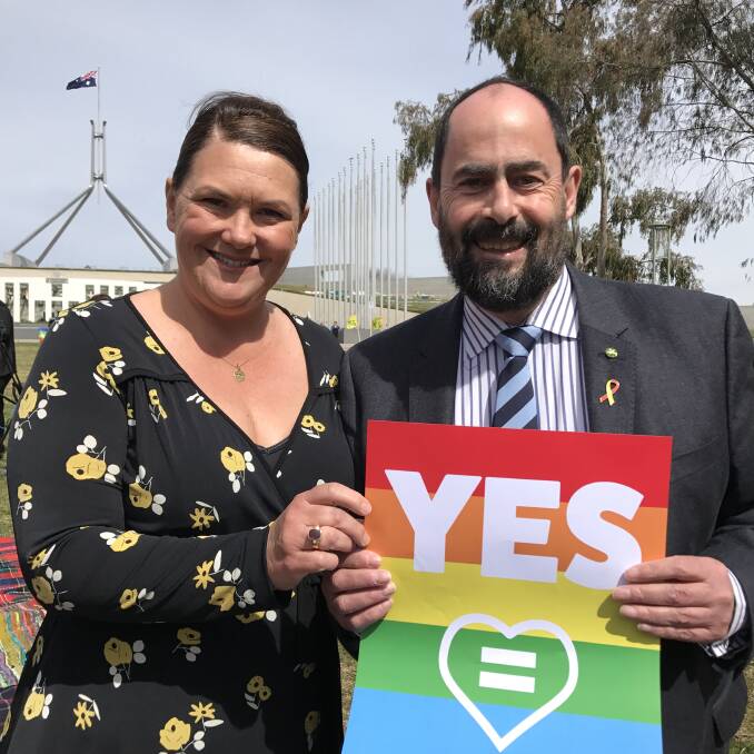 LOVE WINS: Paterson MP Meryl Swanson with Ross Hart, Member for Bass (Tasmania) at the Marriage Equality press conference at Parliament House in September.
